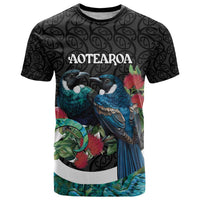 Personalised Valentine's Day New Zealand T Shirt Tui Bird Couple Kowhaiwhai Mix Pohutukawa LT14 Black - Polynesian Pride