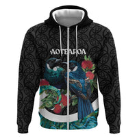 Personalised Valentine's Day New Zealand Zip Hoodie Tui Bird Couple Kowhaiwhai Mix Pohutukawa LT14 Zip Hoodie Black - Polynesian Pride