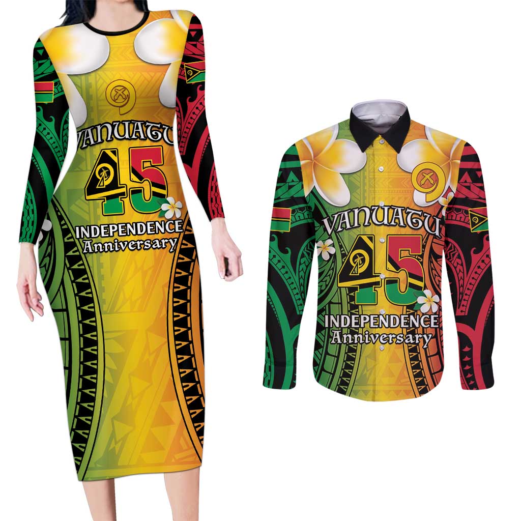 Vanuatu Independence Day Couples Matching Long Sleeve Bodycon Dress and Long Sleeve Button Shirt Long God Yumi Stanap Happy 45th Anniversary LT14 Reggae - Polynesian Pride