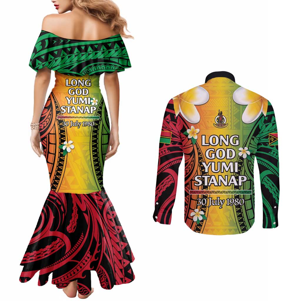 Vanuatu Independence Day Couples Matching Mermaid Dress and Long Sleeve Button Shirt Long God Yumi Stanap Happy 45th Anniversary LT14 - Polynesian Pride
