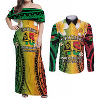 Vanuatu Independence Day Couples Matching Off Shoulder Maxi Dress and Long Sleeve Button Shirt Long God Yumi Stanap Happy 45th Anniversary LT14 Reggae - Polynesian Pride