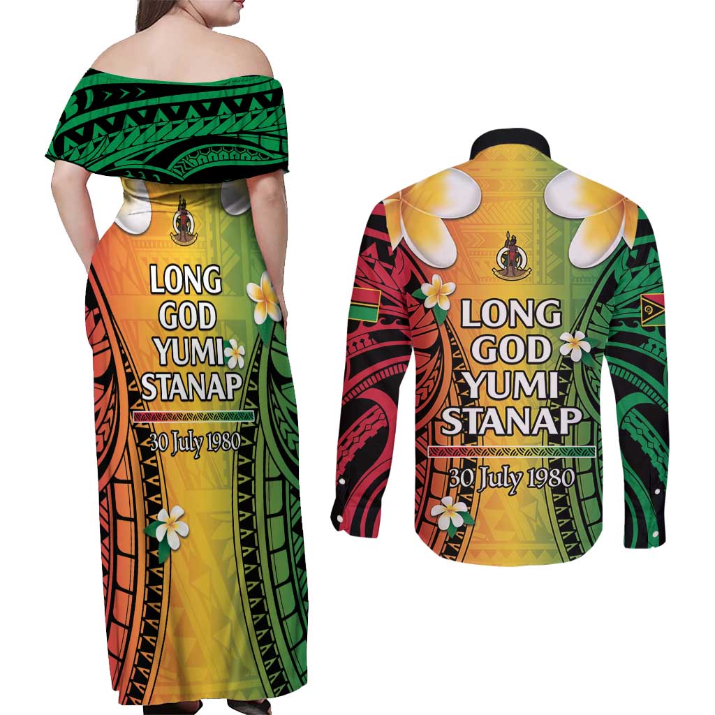 Vanuatu Independence Day Couples Matching Off Shoulder Maxi Dress and Long Sleeve Button Shirt Long God Yumi Stanap Happy 45th Anniversary LT14 - Polynesian Pride