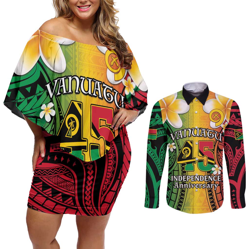 Vanuatu Independence Day Couples Matching Off Shoulder Short Dress and Long Sleeve Button Shirt Long God Yumi Stanap Happy 45th Anniversary LT14 Reggae - Polynesian Pride