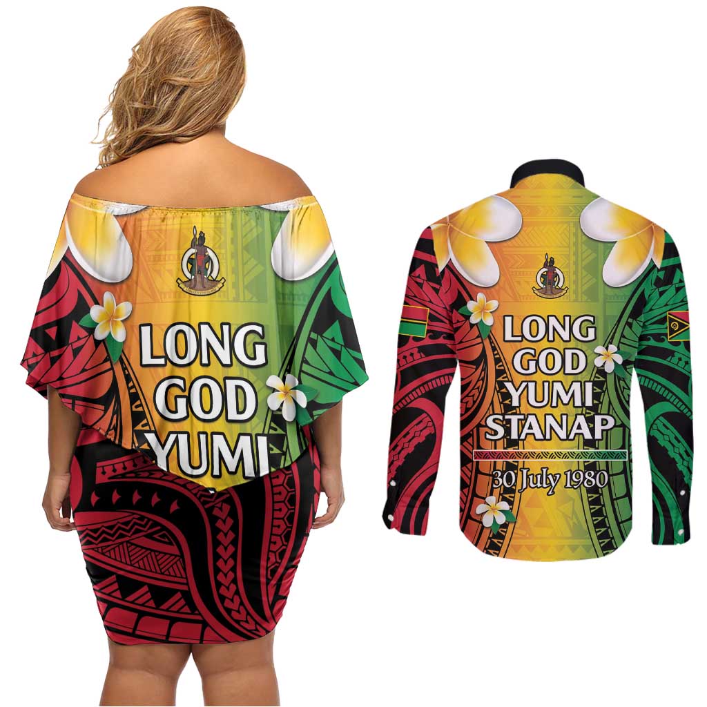 Vanuatu Independence Day Couples Matching Off Shoulder Short Dress and Long Sleeve Button Shirt Long God Yumi Stanap Happy 45th Anniversary LT14 - Polynesian Pride