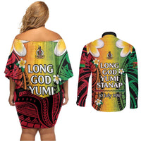 Vanuatu Independence Day Couples Matching Off Shoulder Short Dress and Long Sleeve Button Shirt Long God Yumi Stanap Happy 45th Anniversary LT14 - Polynesian Pride