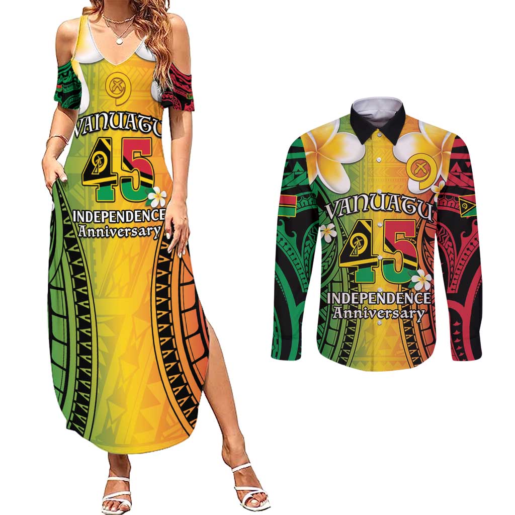 Vanuatu Independence Day Couples Matching Summer Maxi Dress and Long Sleeve Button Shirt Long God Yumi Stanap Happy 45th Anniversary LT14 Reggae - Polynesian Pride