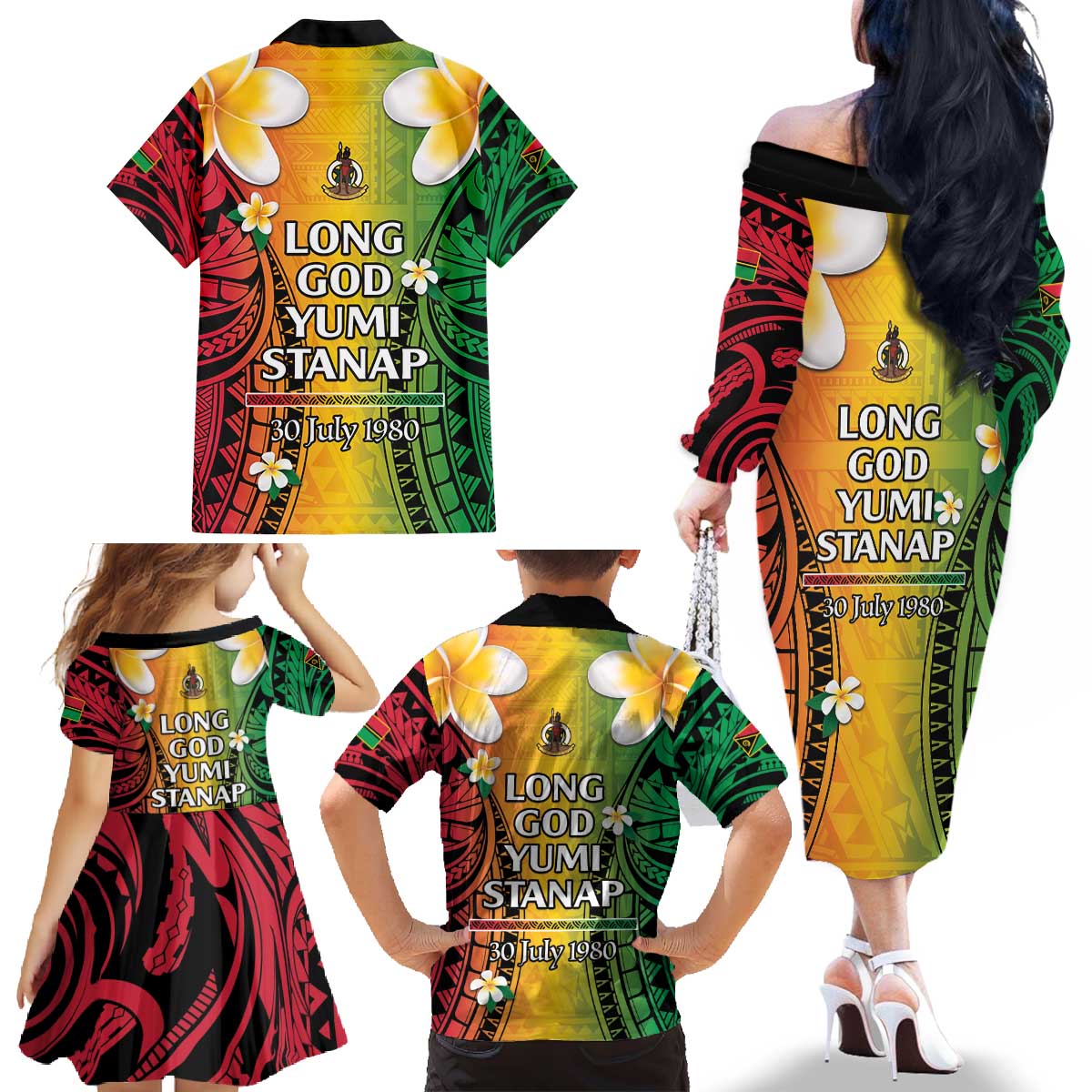 Vanuatu Independence Day Family Matching Off The Shoulder Long Sleeve Dress and Hawaiian Shirt Long God Yumi Stanap Happy 45th Anniversary LT14