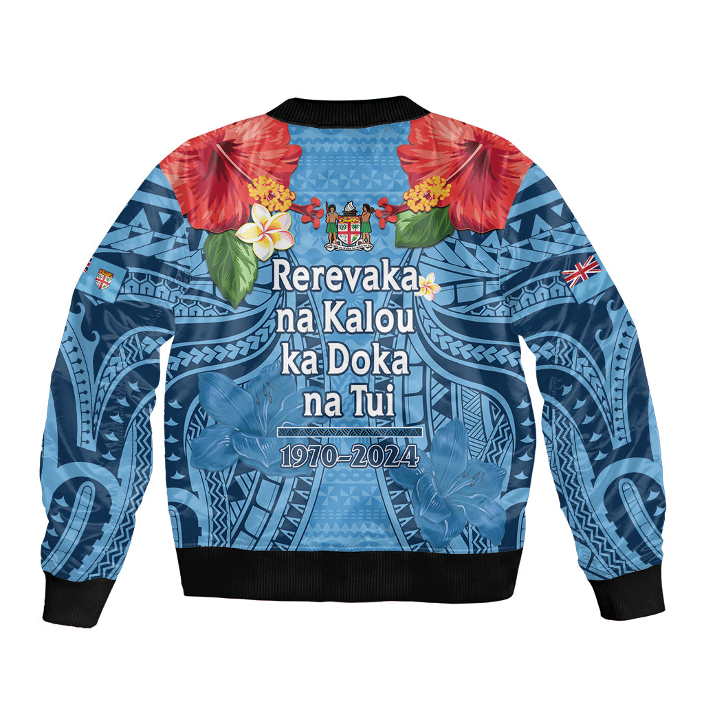 Fiji Day Bomber Jacket Happy 54 Years Of Independence Tapa Pattern Blue LT14 - Polynesian Pride