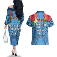 Fiji Day Couples Matching Off The Shoulder Long Sleeve Dress and Hawaiian Shirt Happy 54 Years Of Independence Tapa Pattern Blue