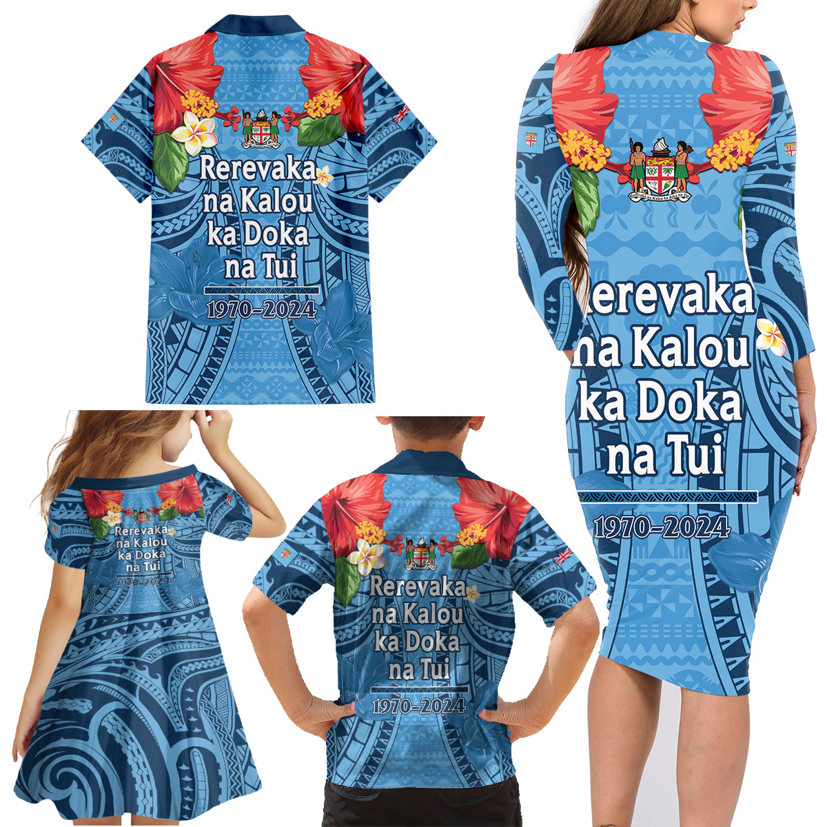 Fiji Day Family Matching Long Sleeve Bodycon Dress and Hawaiian Shirt Happy 54 Years Of Independence Tapa Pattern Blue LT14 - Polynesian Pride