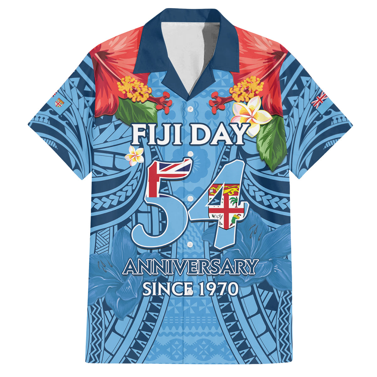 Fiji Day Family Matching Long Sleeve Bodycon Dress and Hawaiian Shirt Happy 54 Years Of Independence Tapa Pattern Blue LT14 Dad's Shirt - Short Sleeve Blue - Polynesian Pride