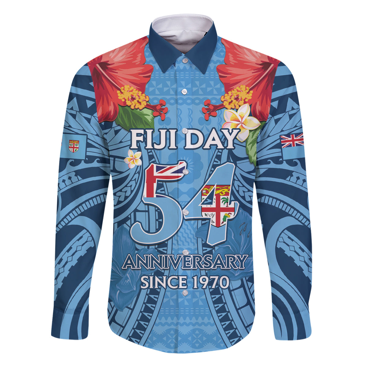Fiji Day Family Matching Long Sleeve Bodycon Dress and Hawaiian Shirt Happy 54 Years Of Independence Tapa Pattern Blue LT14 Dad's Shirt - Long Sleeve Blue - Polynesian Pride