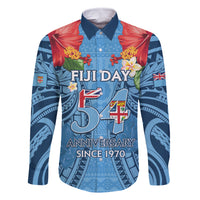 Fiji Day Family Matching Long Sleeve Bodycon Dress and Hawaiian Shirt Happy 54 Years Of Independence Tapa Pattern Blue LT14 Dad's Shirt - Long Sleeve Blue - Polynesian Pride