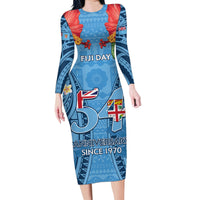 Fiji Day Family Matching Long Sleeve Bodycon Dress and Hawaiian Shirt Happy 54 Years Of Independence Tapa Pattern Blue LT14 Mom's Dress Blue - Polynesian Pride