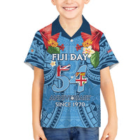 Fiji Day Family Matching Long Sleeve Bodycon Dress and Hawaiian Shirt Happy 54 Years Of Independence Tapa Pattern Blue LT14 Son's Shirt Blue - Polynesian Pride