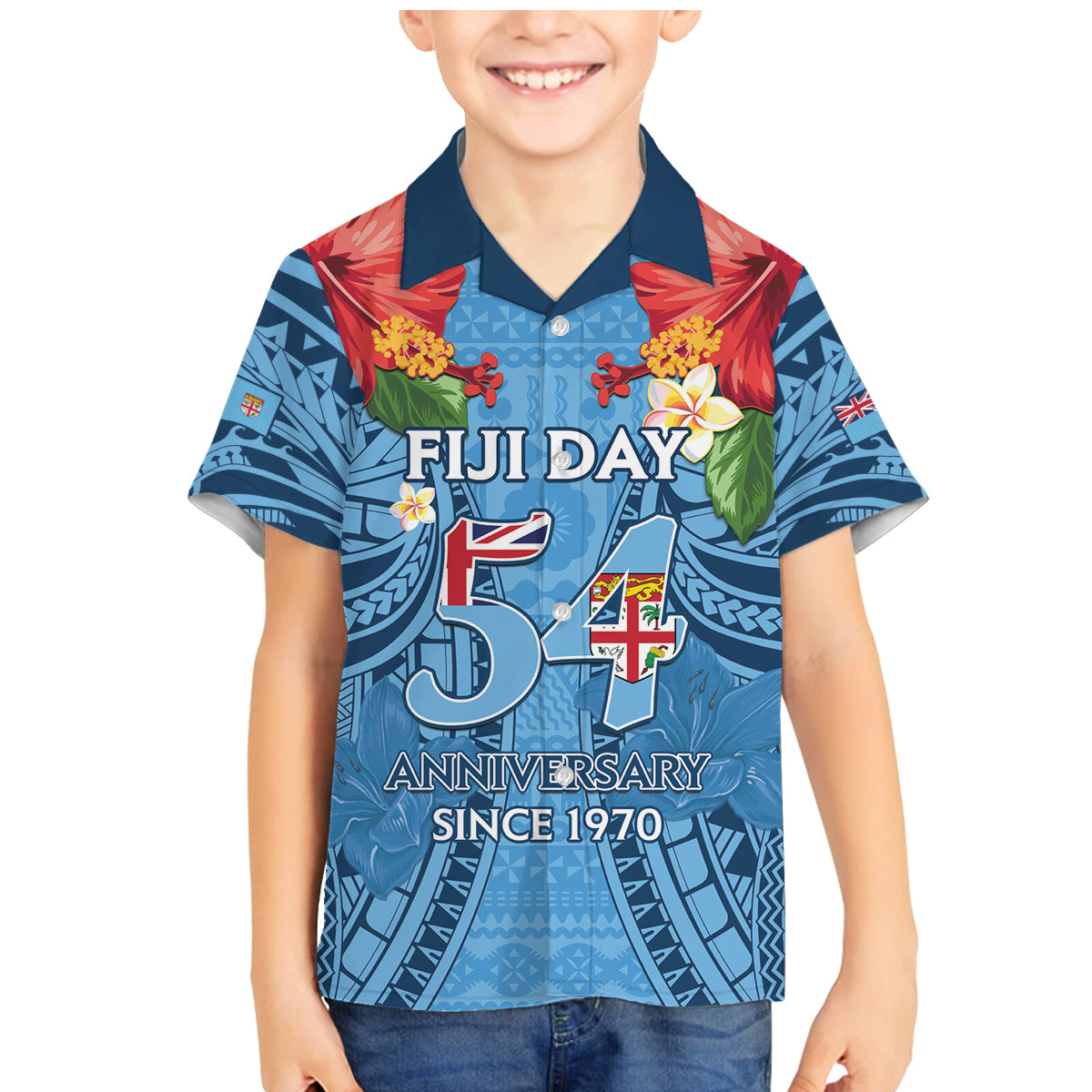 Fiji Day Family Matching Mermaid Dress and Hawaiian Shirt Happy 54 Years Of Independence Tapa Pattern Blue