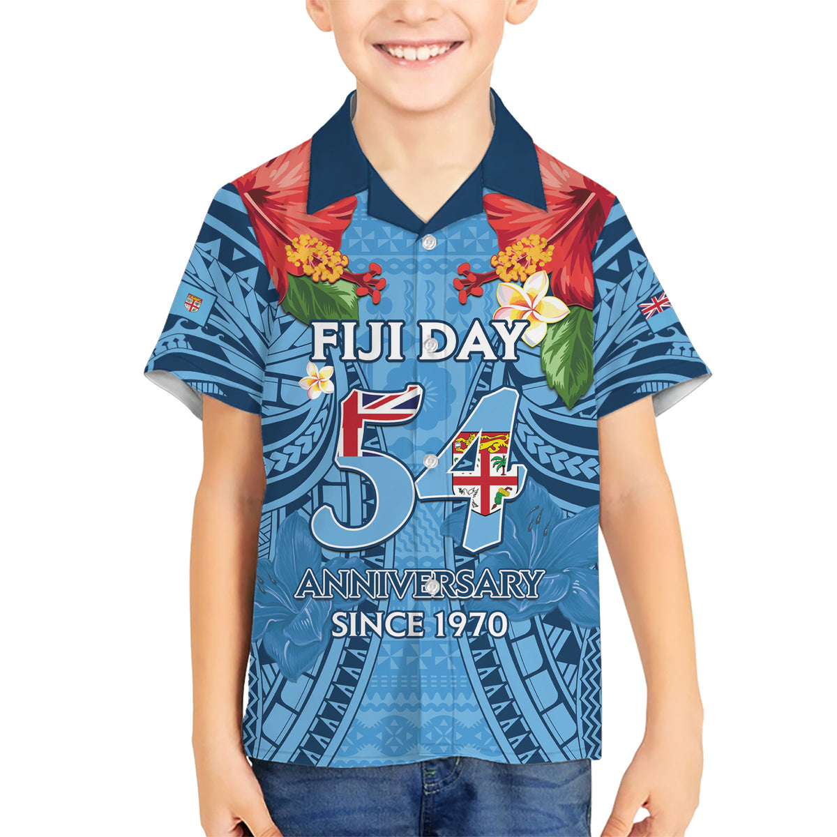 Fiji Day Kid Hawaiian Shirt Happy 54 Years Of Independence Tapa Pattern Blue LT14 Kid Blue - Polynesian Pride