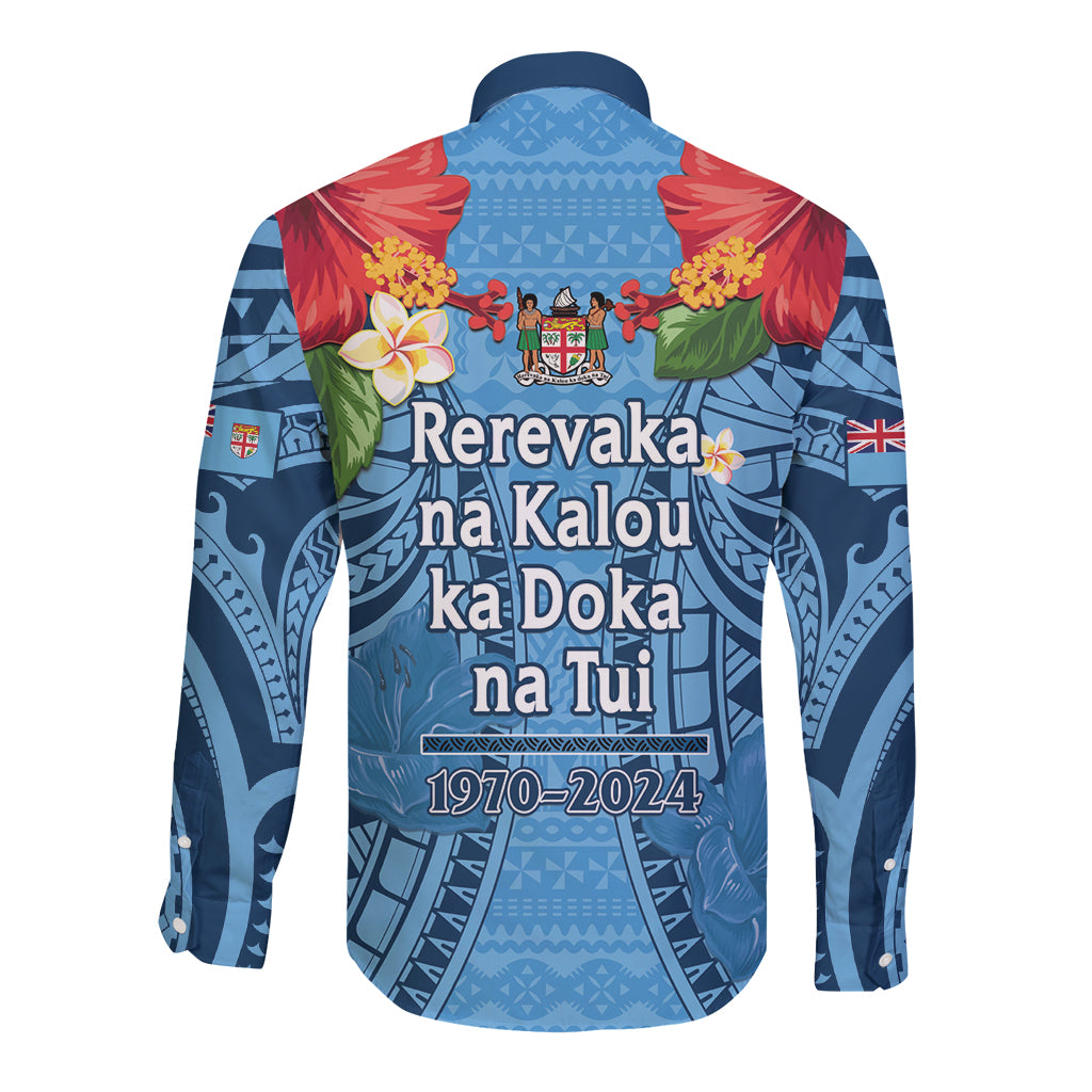 Fiji Day Long Sleeve Button Shirt Happy 54 Years Of Independence Tapa Pattern Blue LT14 - Polynesian Pride