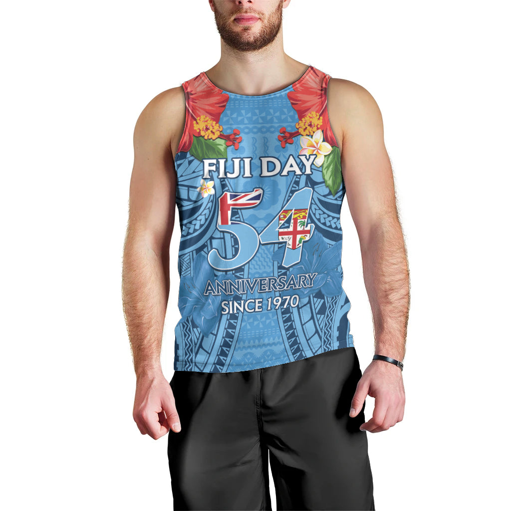 Fiji Day Men Tank Top Happy 54 Years Of Independence Tapa Pattern Blue LT14 - Polynesian Pride