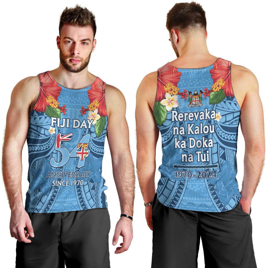 Fiji Day Men Tank Top Happy 54 Years Of Independence Tapa Pattern Blue LT14 - Polynesian Pride