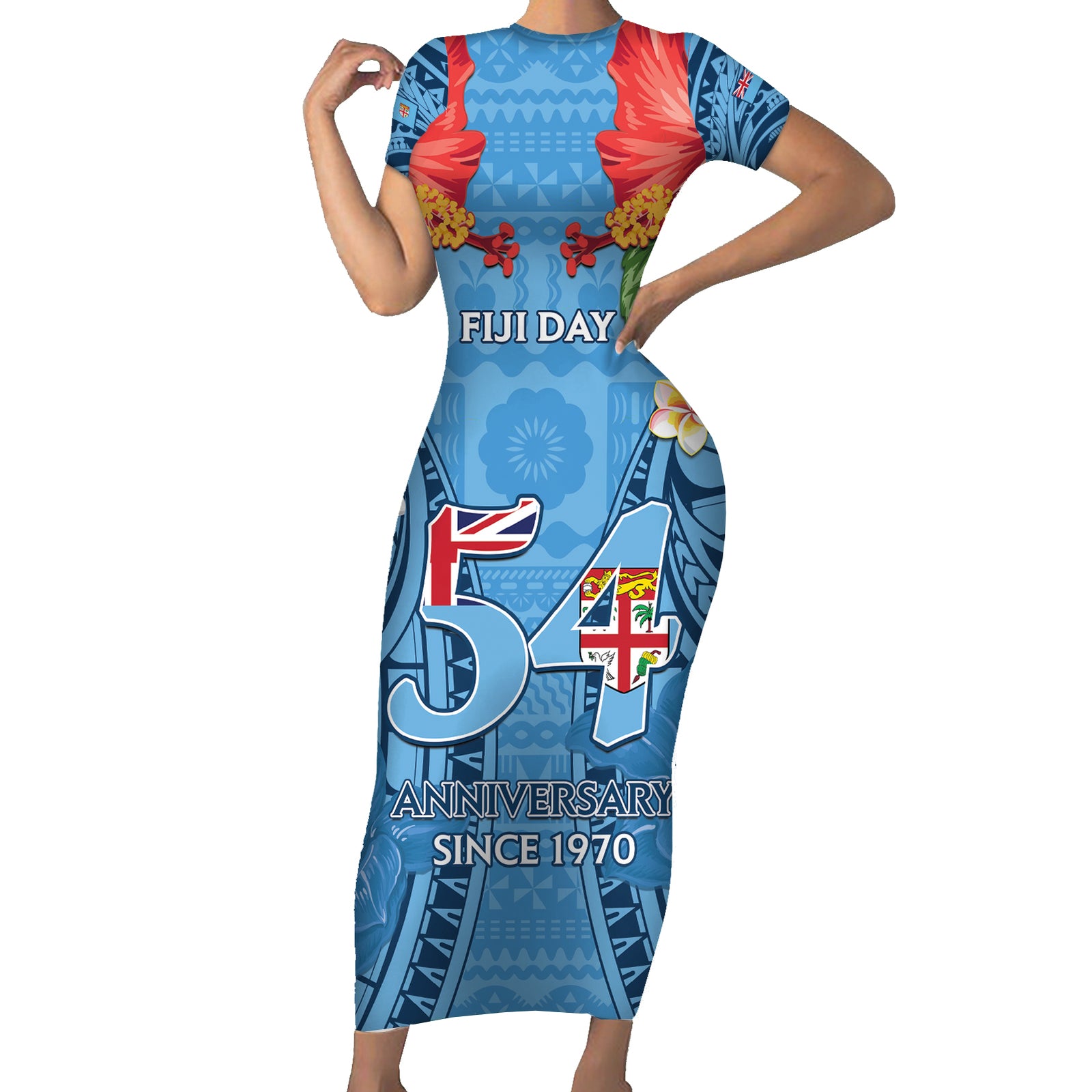 Fiji Day Short Sleeve Bodycon Dress Happy 54 Years Of Independence Tapa Pattern Blue