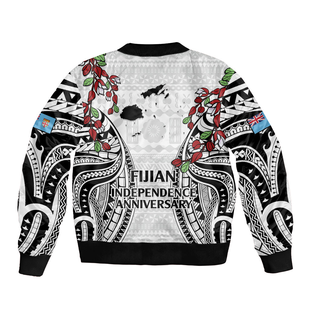 Fiji Day Bomber Jacket Happy 54 Years Of Independence Tapa Pattern White LT14 - Polynesian Pride