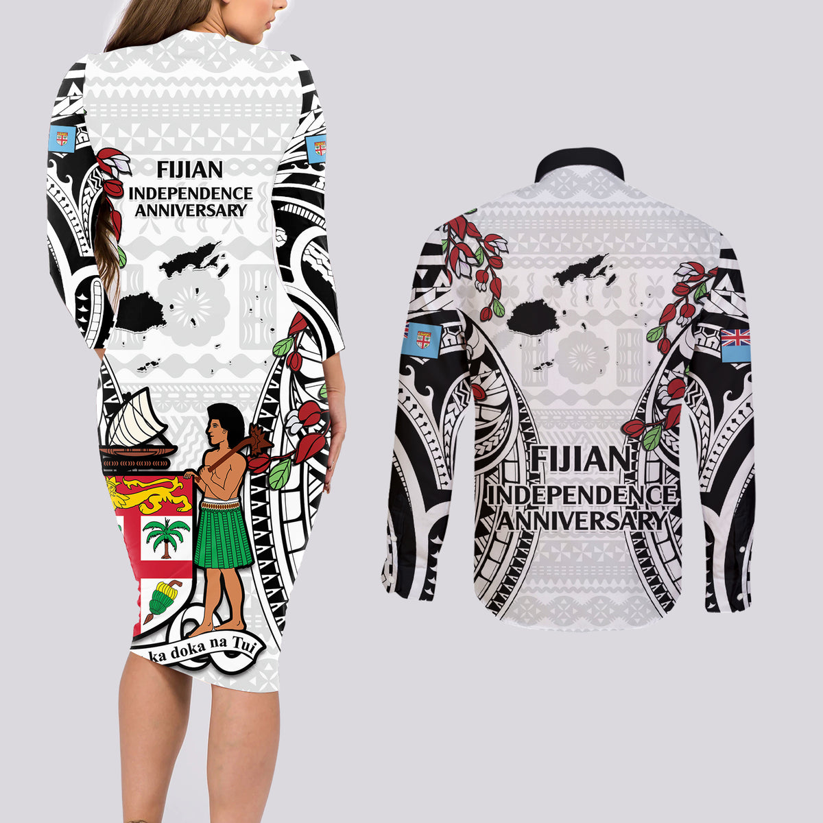 Fiji Day Couples Matching Long Sleeve Bodycon Dress and Long Sleeve Button Shirt Happy 54 Years Of Independence Tapa Pattern White