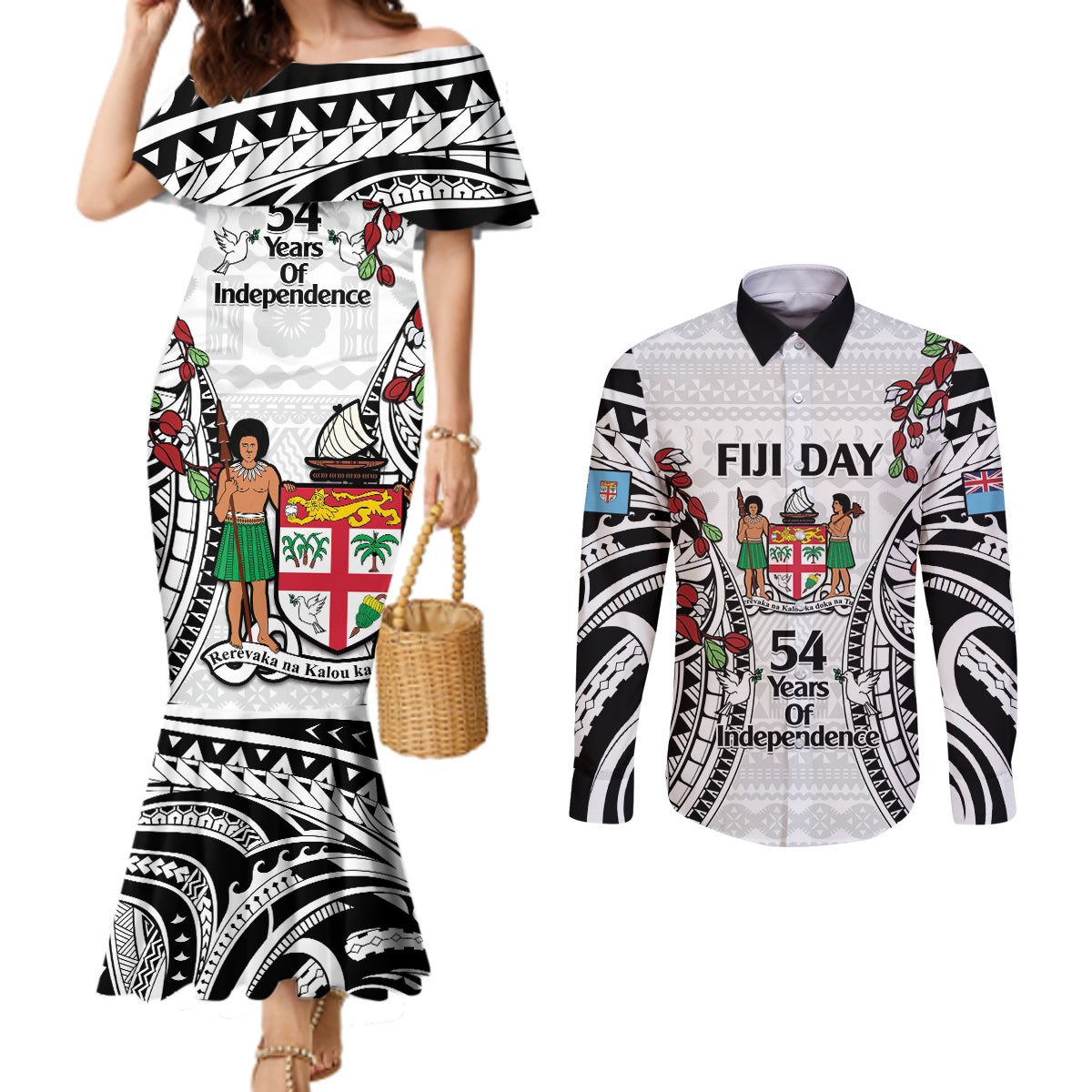 Fiji Day Couples Matching Mermaid Dress and Long Sleeve Button Shirt Happy 54 Years Of Independence Tapa Pattern White