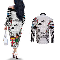 Fiji Day Couples Matching Off The Shoulder Long Sleeve Dress and Long Sleeve Button Shirt Happy 54 Years Of Independence Tapa Pattern White