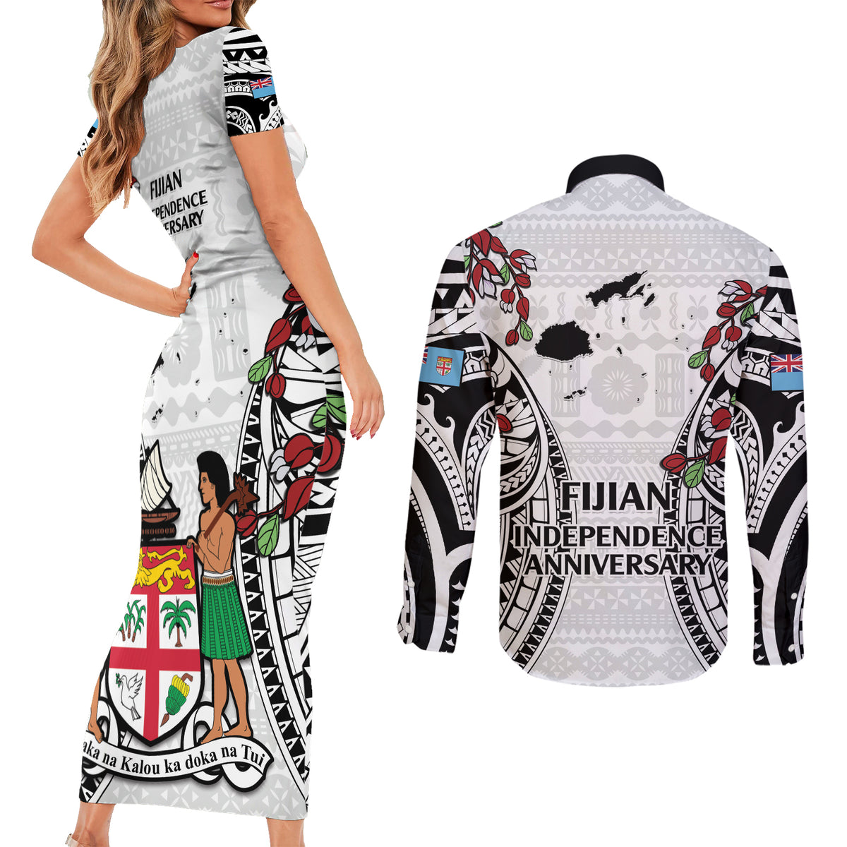 Fiji Day Couples Matching Short Sleeve Bodycon Dress and Long Sleeve Button Shirt Happy 54 Years Of Independence Tapa Pattern White
