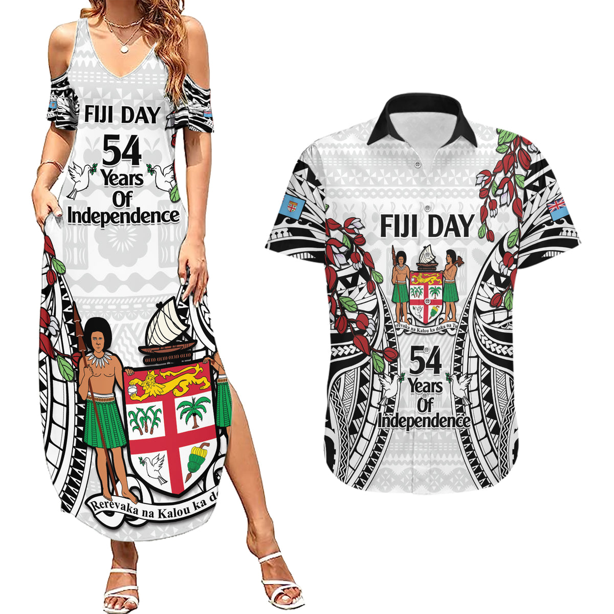 Fiji Day Couples Matching Summer Maxi Dress and Hawaiian Shirt Happy 54 Years Of Independence Tapa Pattern White