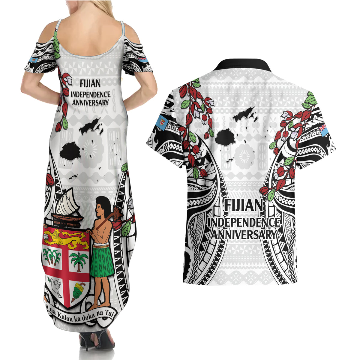 Fiji Day Couples Matching Summer Maxi Dress and Hawaiian Shirt Happy 54 Years Of Independence Tapa Pattern White