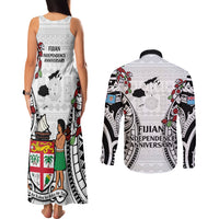 Fiji Day Couples Matching Tank Maxi Dress and Long Sleeve Button Shirt Happy 54 Years Of Independence Tapa Pattern White