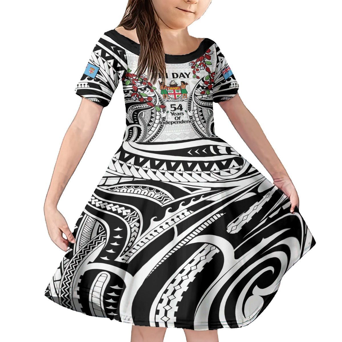 Fiji Day Kid Short Sleeve Dress Happy 54 Years Of Independence Tapa Pattern White LT14 KID White - Polynesian Pride