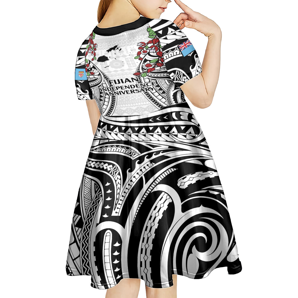 Fiji Day Kid Short Sleeve Dress Happy 54 Years Of Independence Tapa Pattern White LT14 - Polynesian Pride