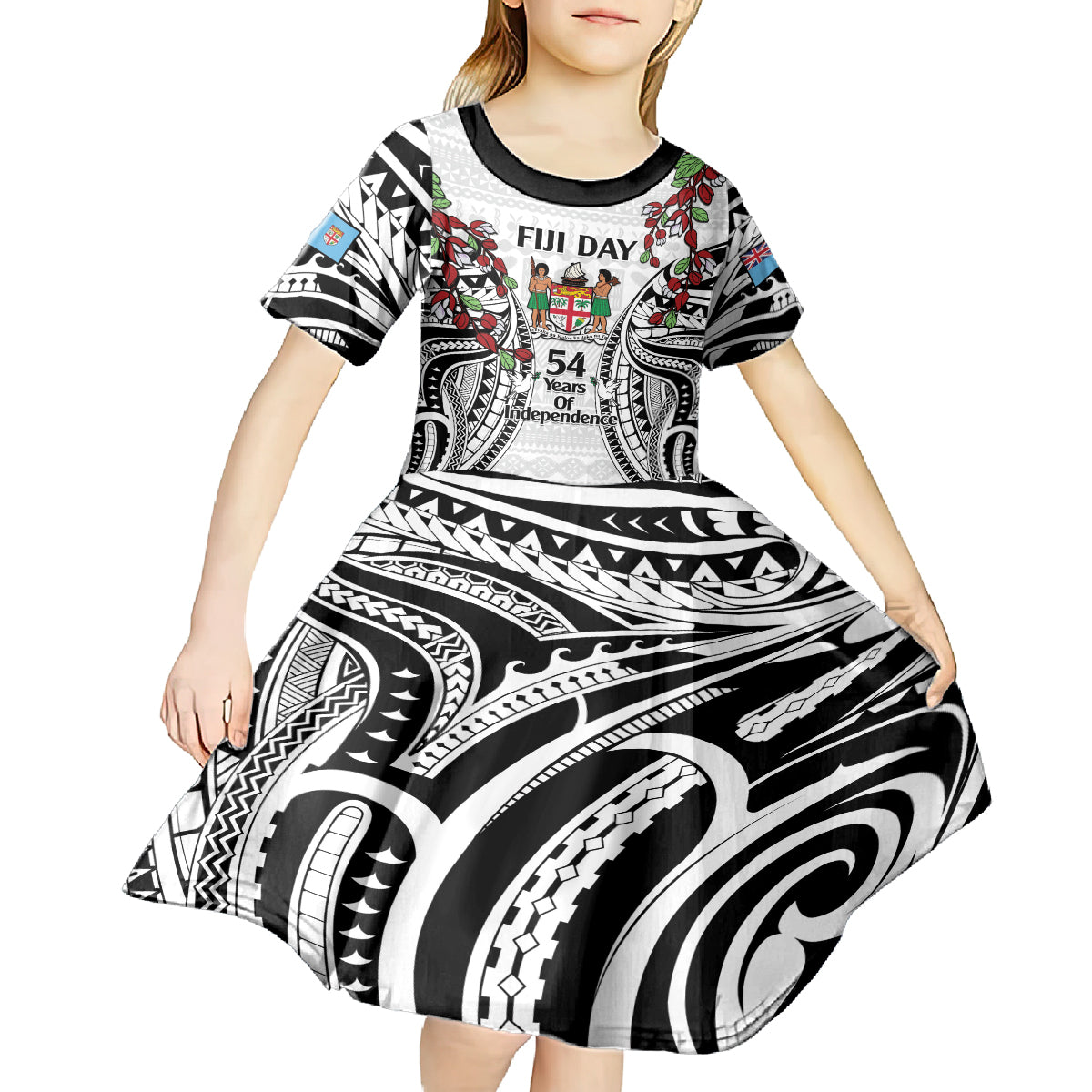 Fiji Day Kid Short Sleeve Dress Happy 54 Years Of Independence Tapa Pattern White LT14 - Polynesian Pride