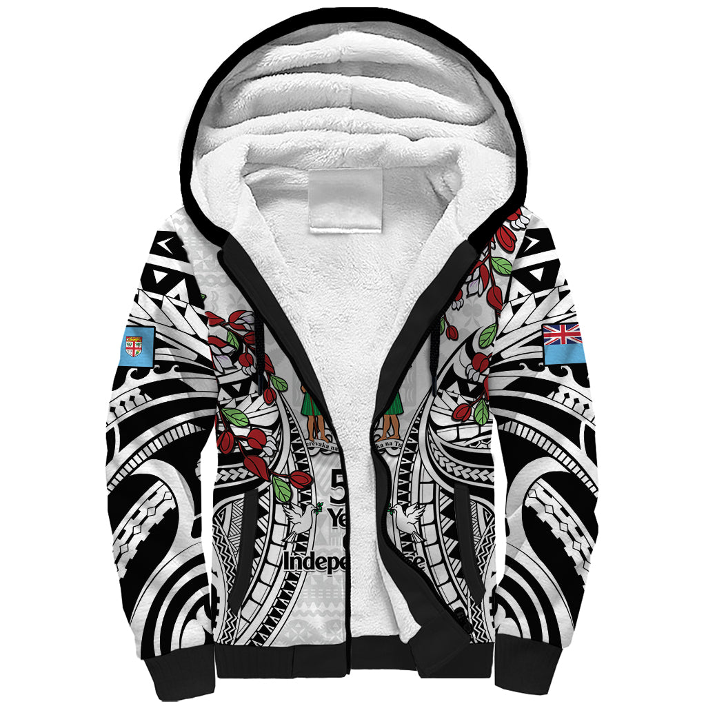 Fiji Day Sherpa Hoodie Happy 54 Years Of Independence Tapa Pattern White