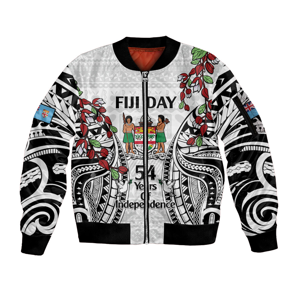 Fiji Day Sleeve Zip Bomber Jacket Happy 54 Years Of Independence Tapa Pattern White