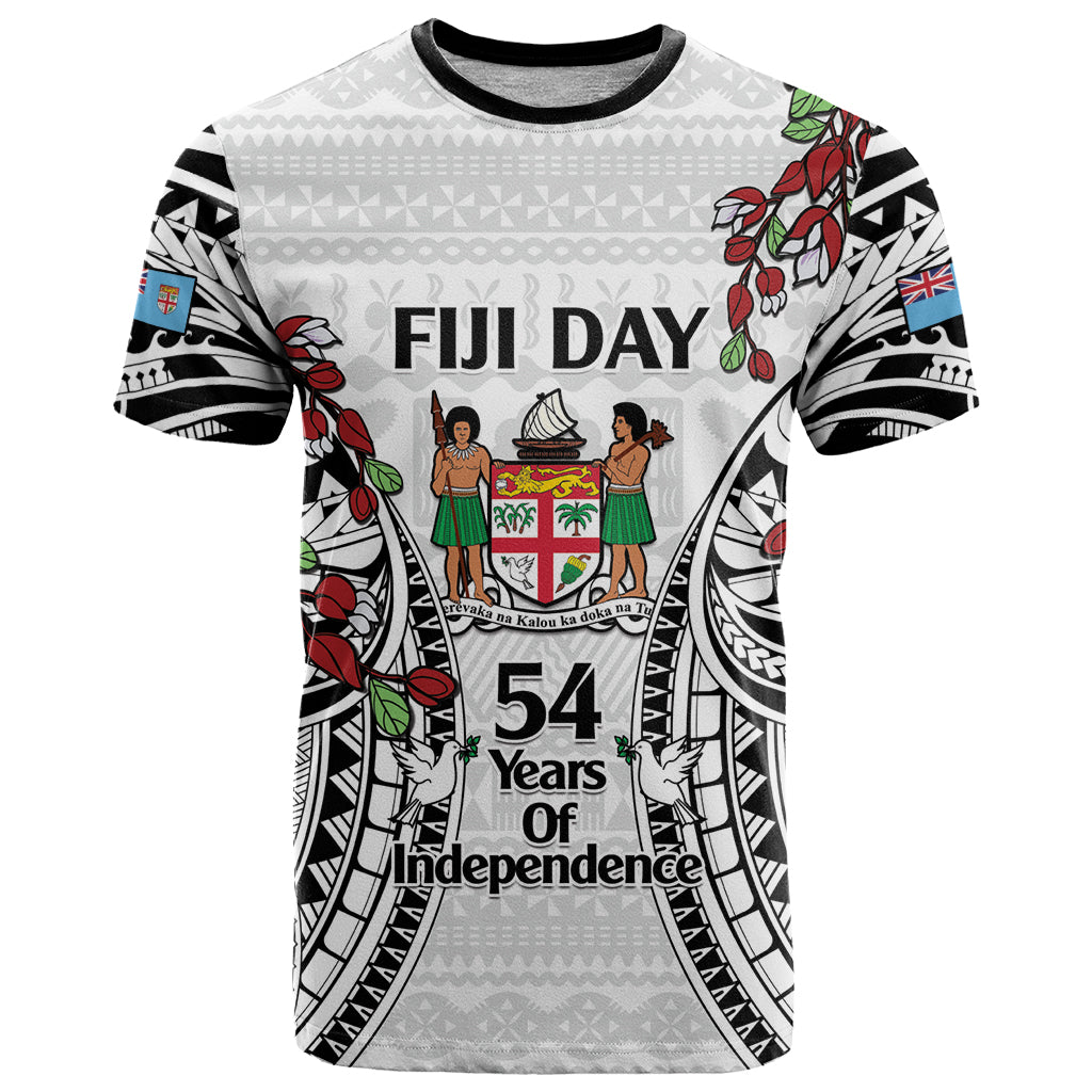 Fiji Day T Shirt Happy 54 Years Of Independence Tapa Pattern White LT14 White - Polynesian Pride
