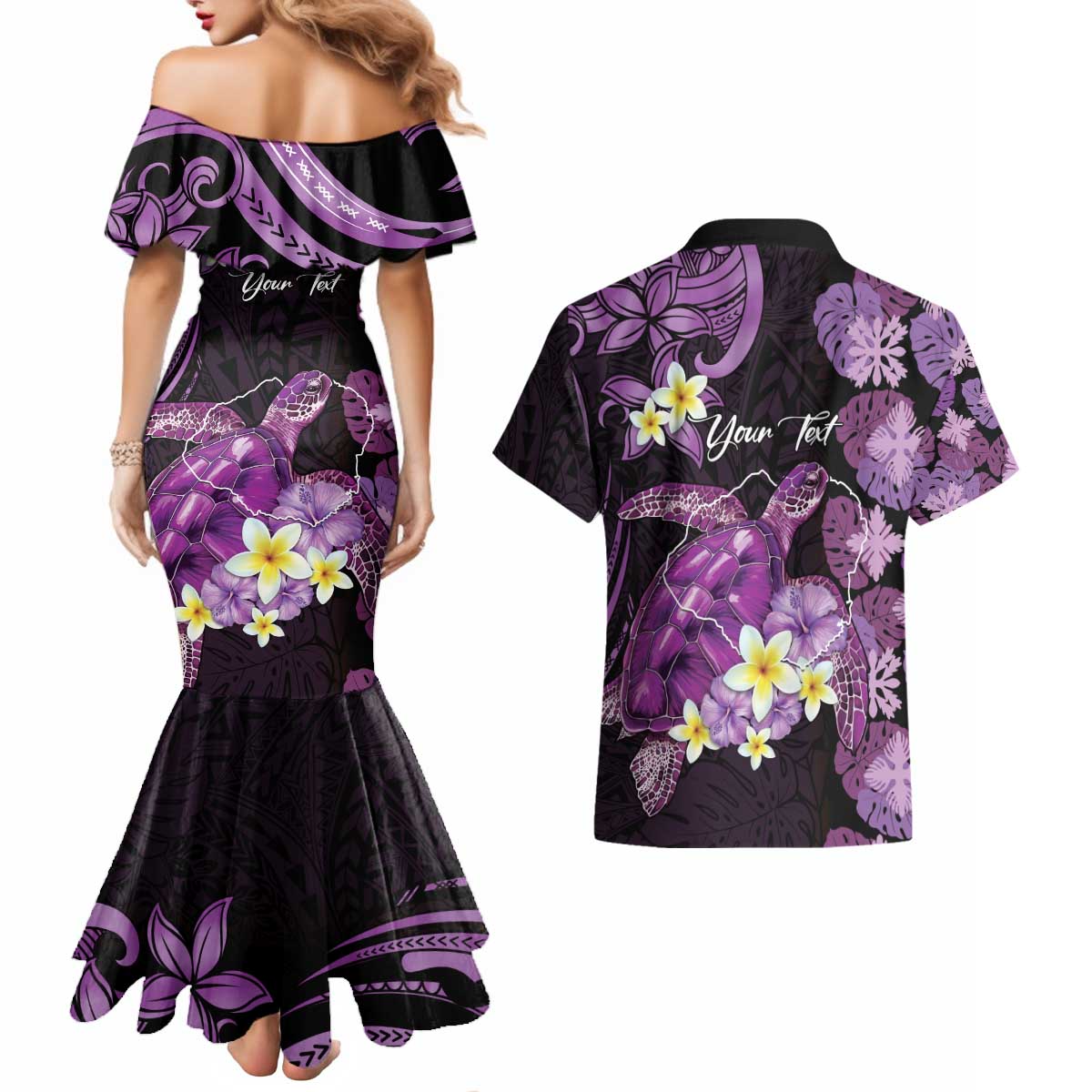 Personalised Aloha Hawaii Kauai Island Couples Matching Mermaid Dress and Hawaiian Shirt Garden Isle Map Sea Turtle Plumeria