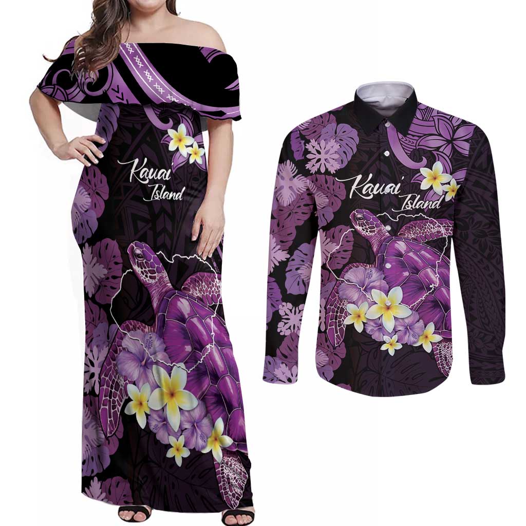 Personalised Aloha Hawaii Kauai Island Couples Matching Off Shoulder Maxi Dress and Long Sleeve Button Shirt Garden Isle Map Sea Turtle Plumeria