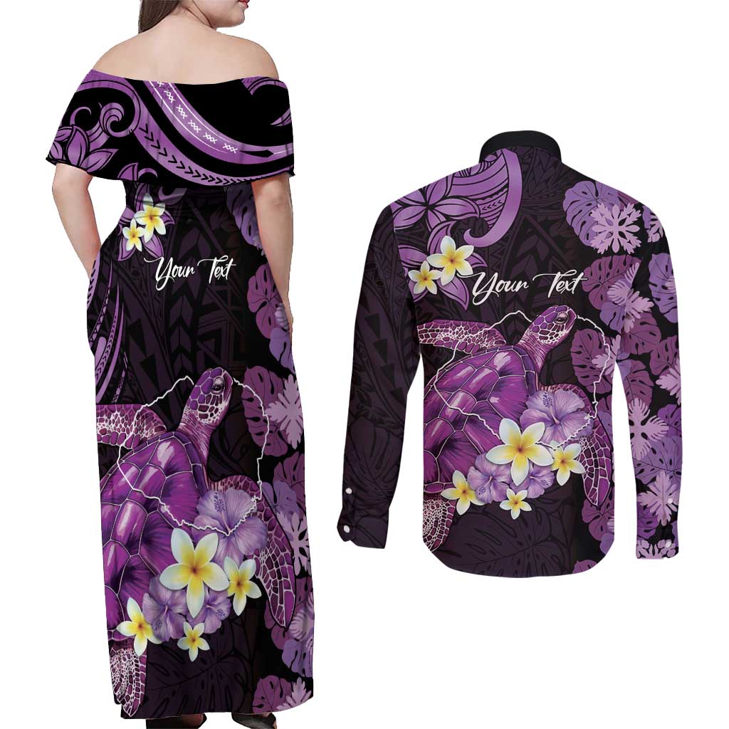 Personalised Aloha Hawaii Kauai Island Couples Matching Off Shoulder Maxi Dress and Long Sleeve Button Shirt Garden Isle Map Sea Turtle Plumeria