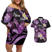 Personalised Aloha Hawaii Kauai Island Couples Matching Off Shoulder Short Dress and Hawaiian Shirt Garden Isle Map Sea Turtle Plumeria