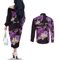 Personalised Aloha Hawaii Kauai Island Couples Matching Off The Shoulder Long Sleeve Dress and Long Sleeve Button Shirt Garden Isle Map Sea Turtle Plumeria