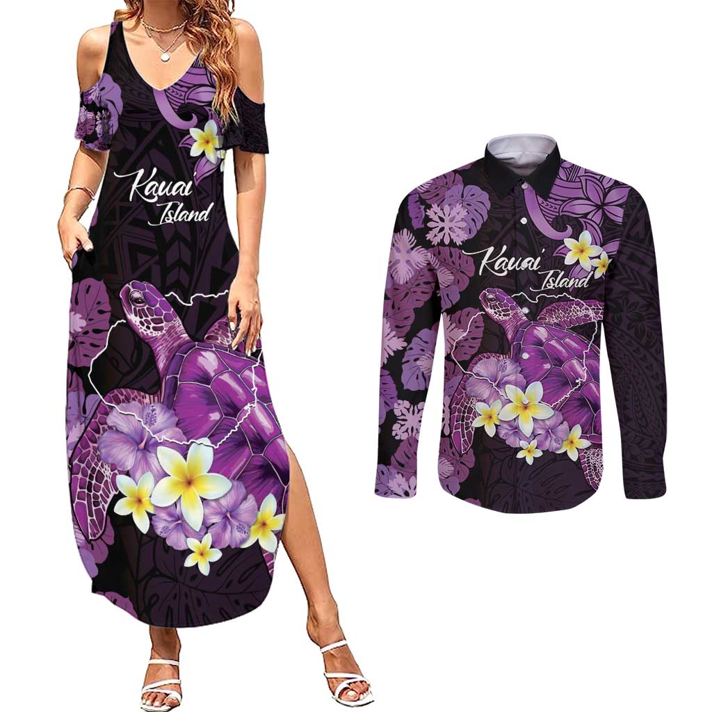 Personalised Aloha Hawaii Kauai Island Couples Matching Summer Maxi Dress and Long Sleeve Button Shirt Garden Isle Map Sea Turtle Plumeria