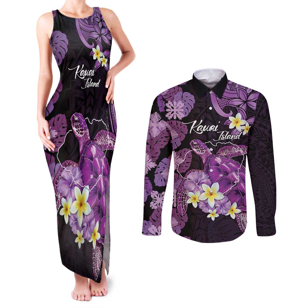 Personalised Aloha Hawaii Kauai Island Couples Matching Tank Maxi Dress and Long Sleeve Button Shirt Garden Isle Map Sea Turtle Plumeria