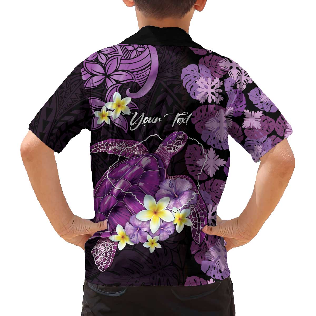 Personalised Aloha Hawaii Kauai Island Family Matching Off The Shoulder Long Sleeve Dress and Hawaiian Shirt Garden Isle Map Sea Turtle Plumeria