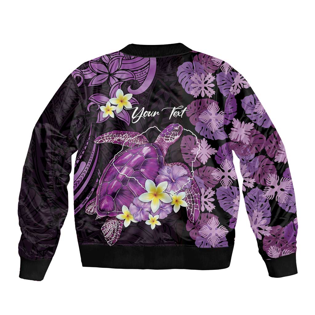 Personalised Aloha Hawaii Kauai Island Sleeve Zip Bomber Jacket Garden Isle Map Sea Turtle Plumeria