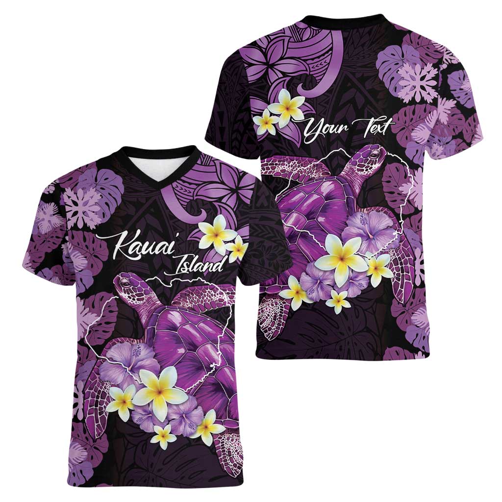 Personalised Aloha Hawaii Kauai Island Women V-Neck T-Shirt Garden Isle Map Sea Turtle Plumeria