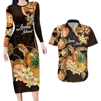 Personalised Aloha Hawaii Lanai Island Couples Matching Long Sleeve Bodycon Dress and Hawaiian Shirt Pineapple Isle Map Sea Turtle Plumeria